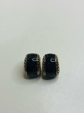 Vintage Gold Tone Rope Twist J Hoop Earrings Black Galaxy Enamel Sparkle Hoops
